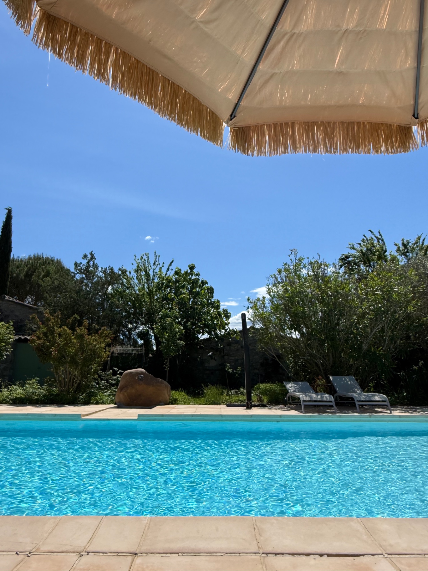 Zwembad met rieten parasol en ligbedden in de zon