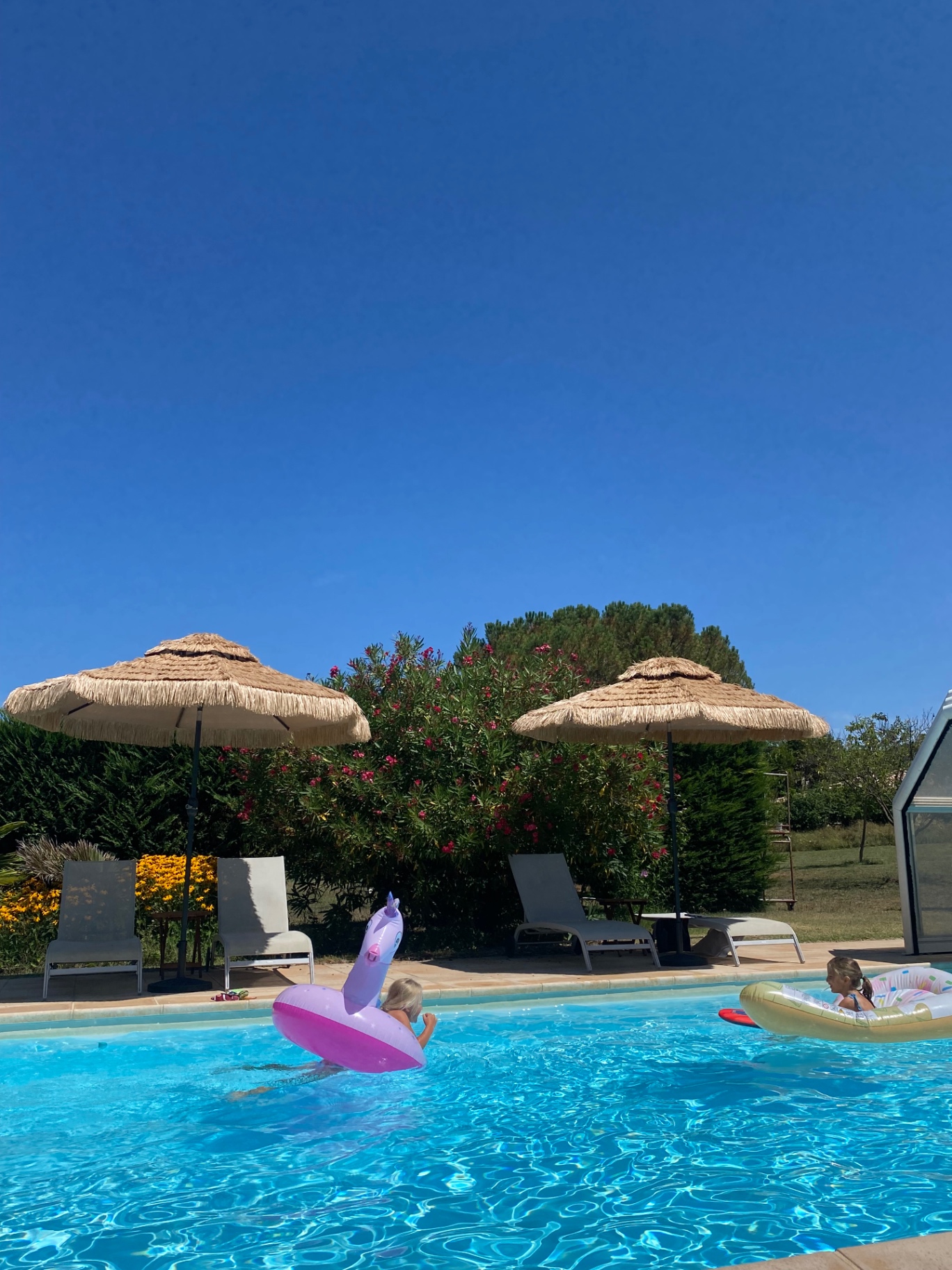 Rieten parasols en oleanders bij het zwembad