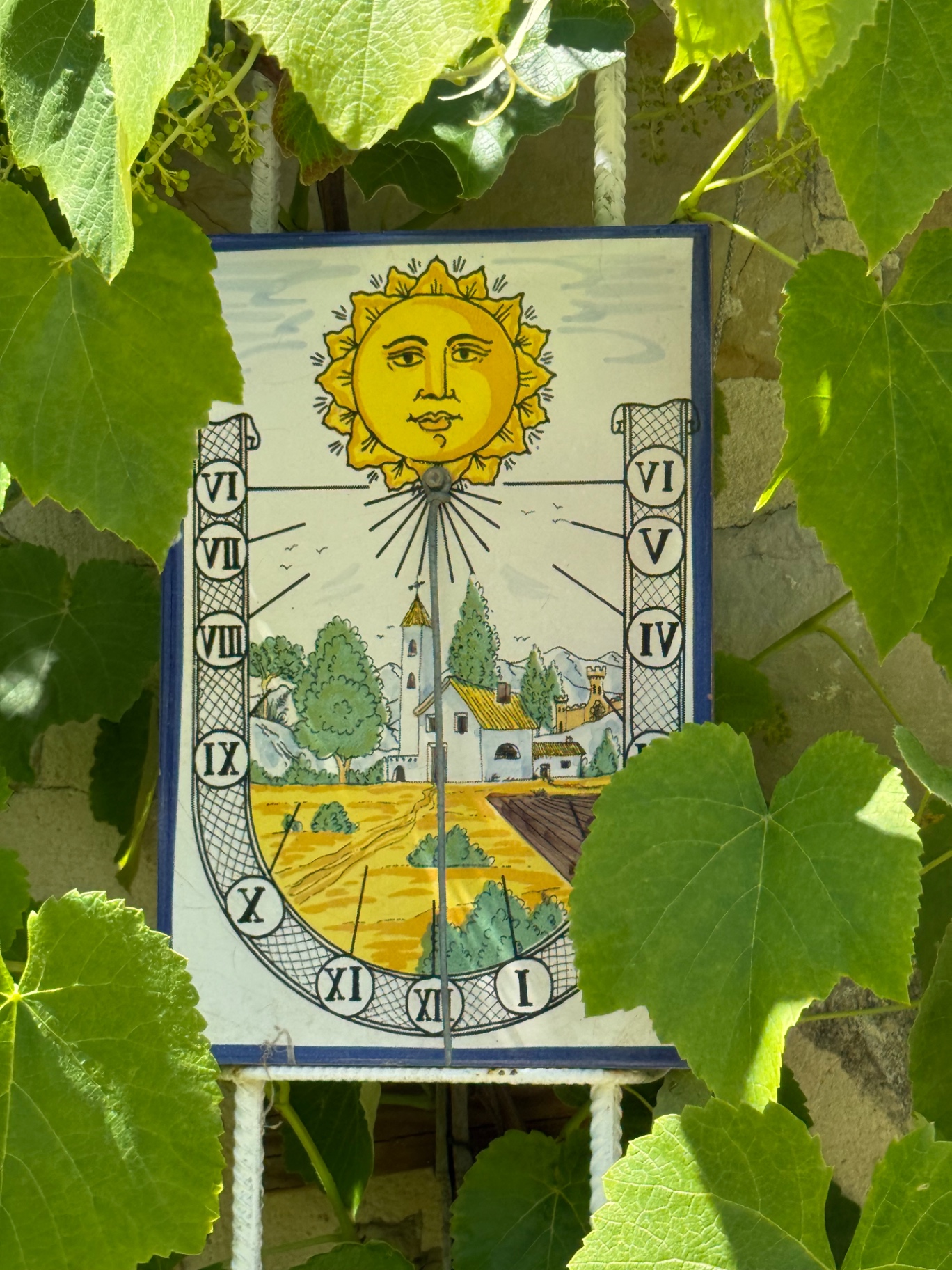 Beschilderde zonnewijzer tussen wijnranken
